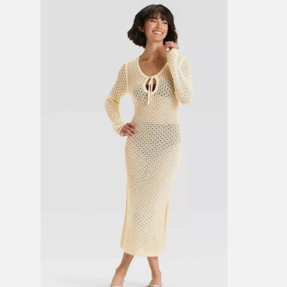 Women's Crochet-Style Long Sleeve Maxi Sweater Dress - A New Day™ Cream XS